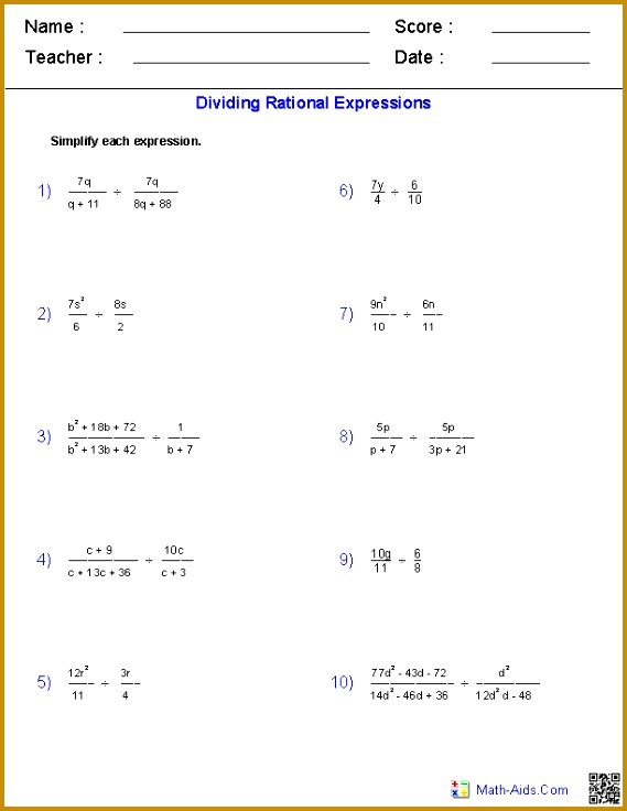 These Algebra 1 Worksheets allow you to produce unlimited numbers of dynamically created rational expressions worksheets 736569