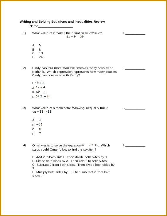 Writing And Solving Equations Worksheet 736569