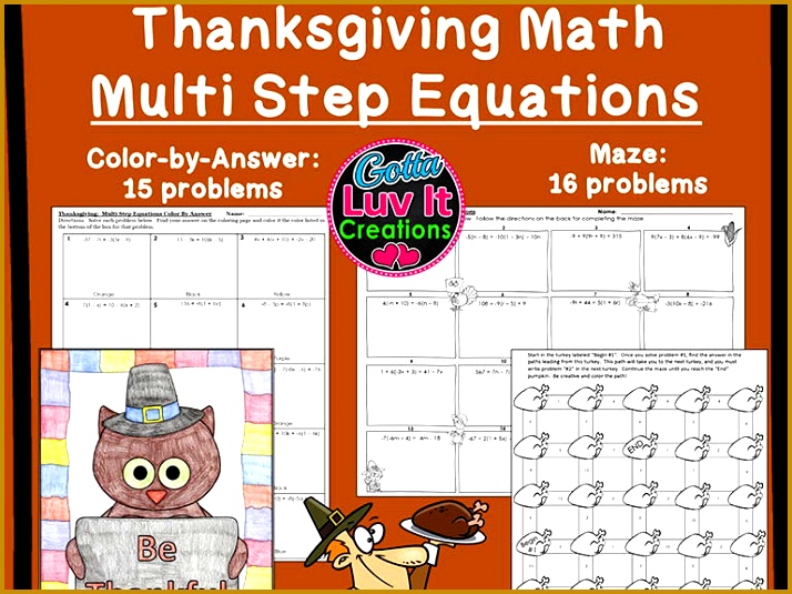 Solving Equations Thanksgiving Turkey Math Multi Step Equations Maze & Color by Number Bundle 535714