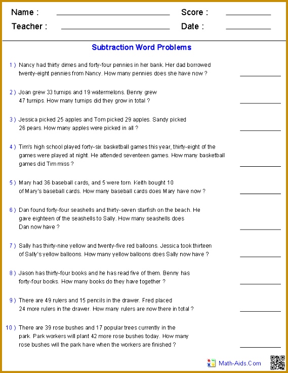Second Grade Math Word Problems Worksheets 569736