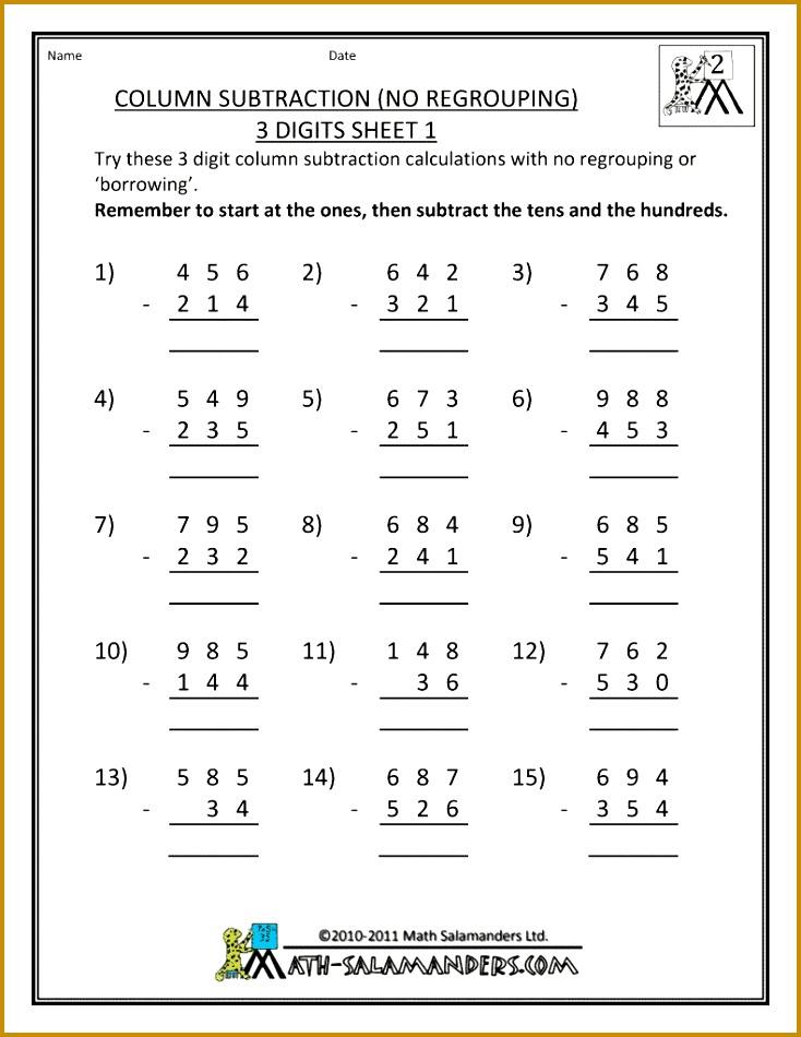 second grade math sheets column subtraction 3 digits 734950