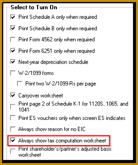 To produce this worksheet for a single client from data entry of the client s return go to the Miscellaneous tab PRNT Print Options screen 279333