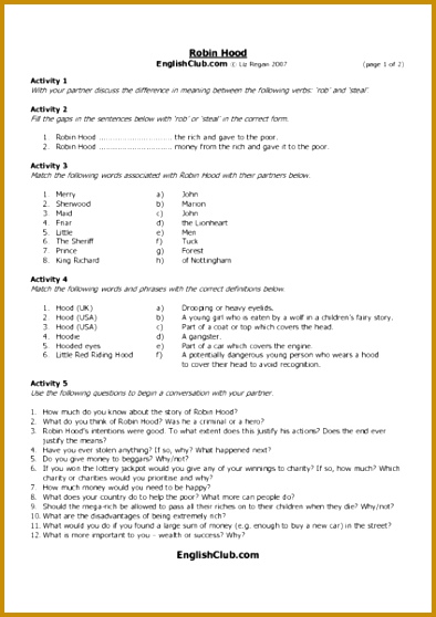 In this "Robin Hood" worksheet students with a partner discuss the differences in meaning between rob and steal match eight words associated with Robin 558394