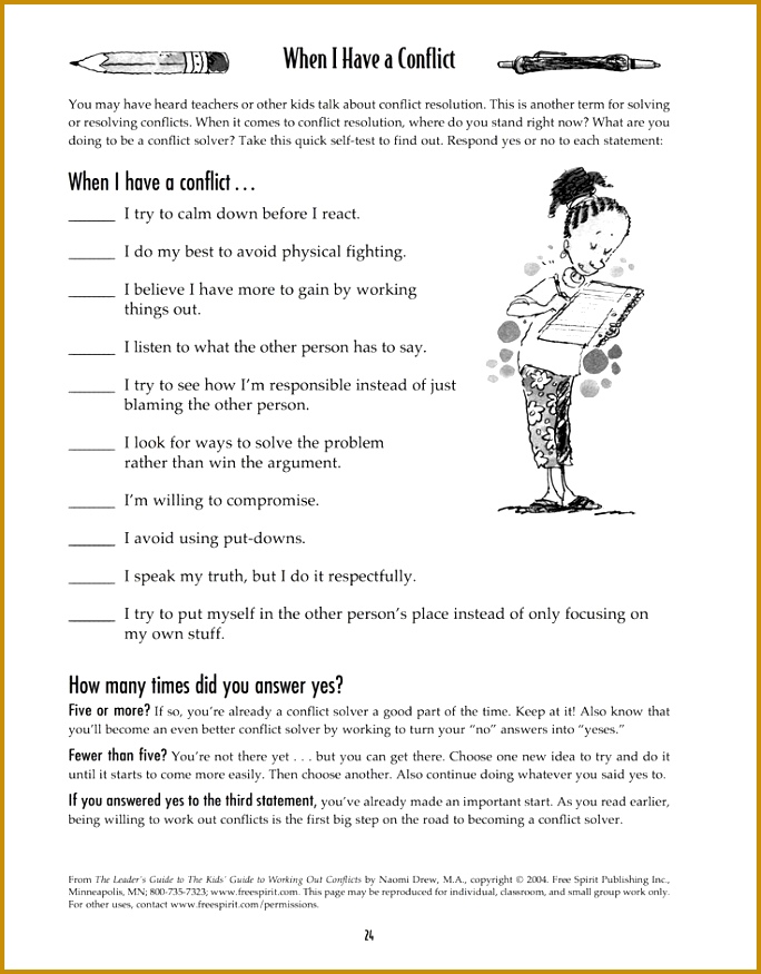 Free printable worksheet When I Have a Conflict A quick self test to Counseling WorksheetsKids 875684