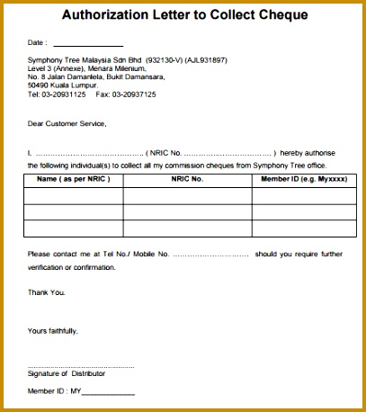 Sample Authorization Letter To Collect Cheque 458407