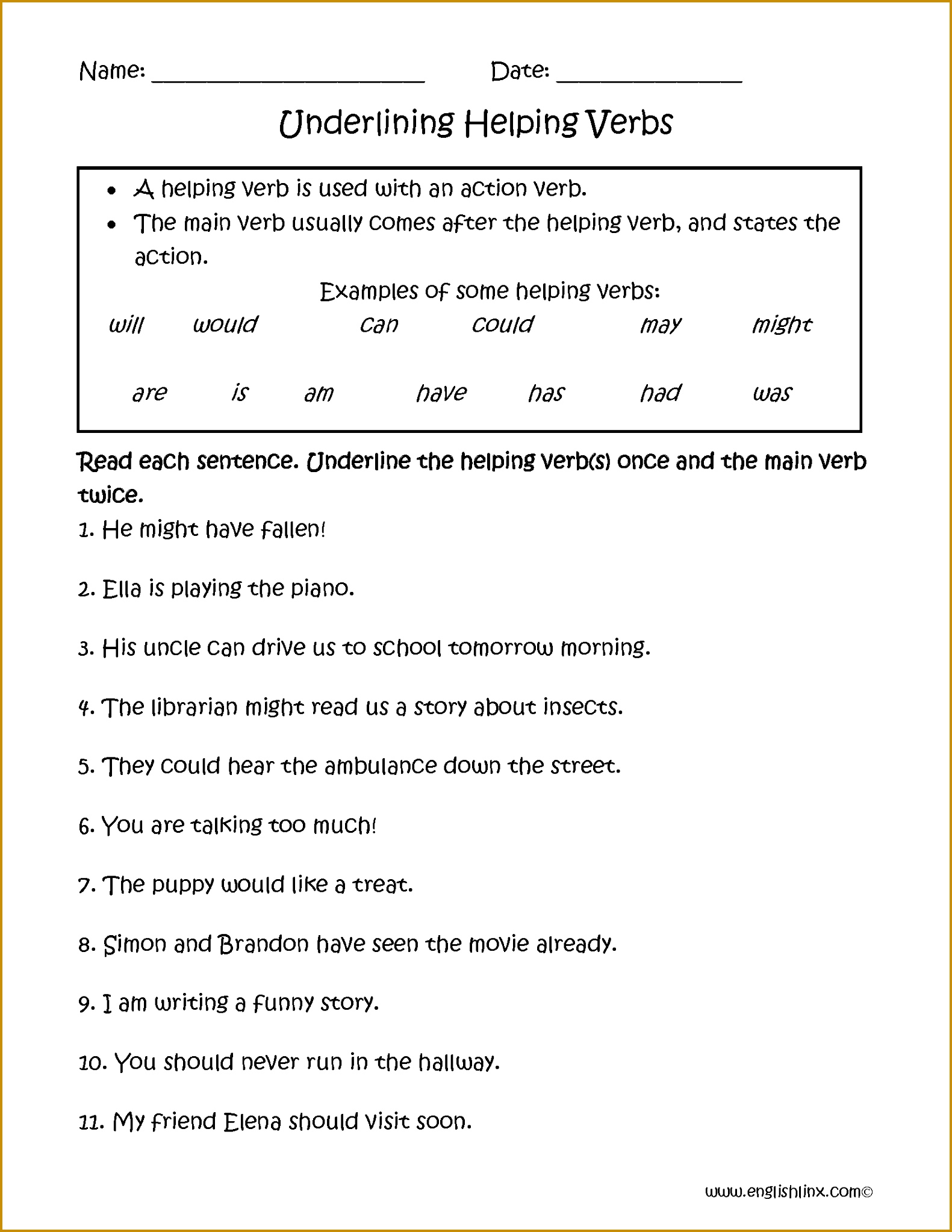 Underlining Helping Verbs Worksheets 15812046