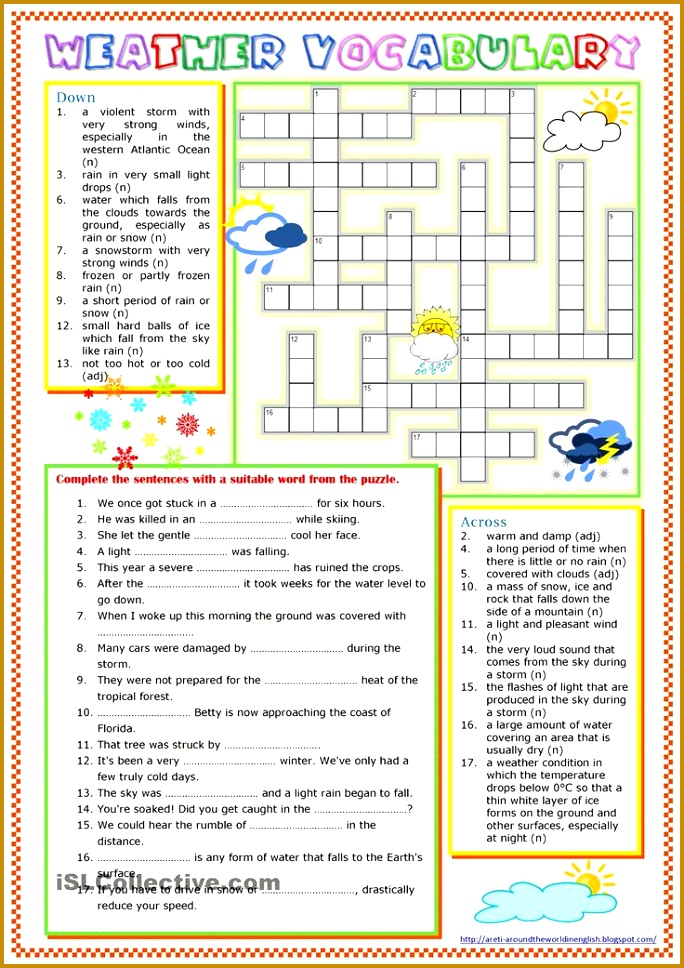 A worksheet to revise some weather vocabulary blizzard hurricane drought etc It contains a crossword puzzle and a gap fill exercise 968684