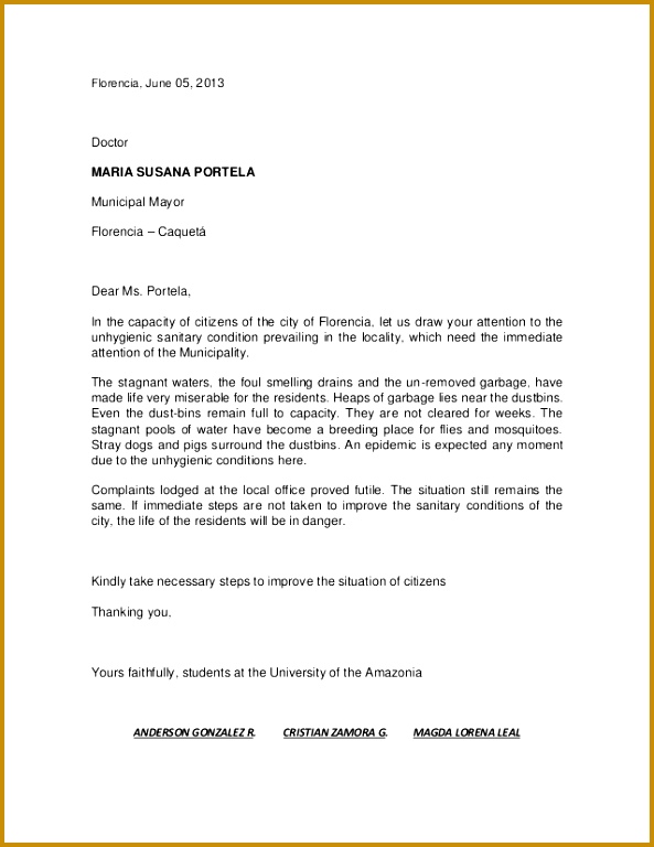 plaint letter Florencia June 05 2013 Doctor MARIA SUSANA PORTELA Municipal Mayor Florencia – Caquetá Dear 768593