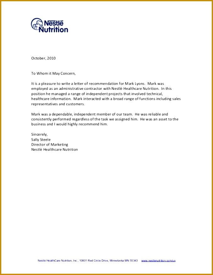 Re mendation Letter From Sally Steele kbxcx October 2010To Whom it May Concern It is a pleasure to write a letter 876677