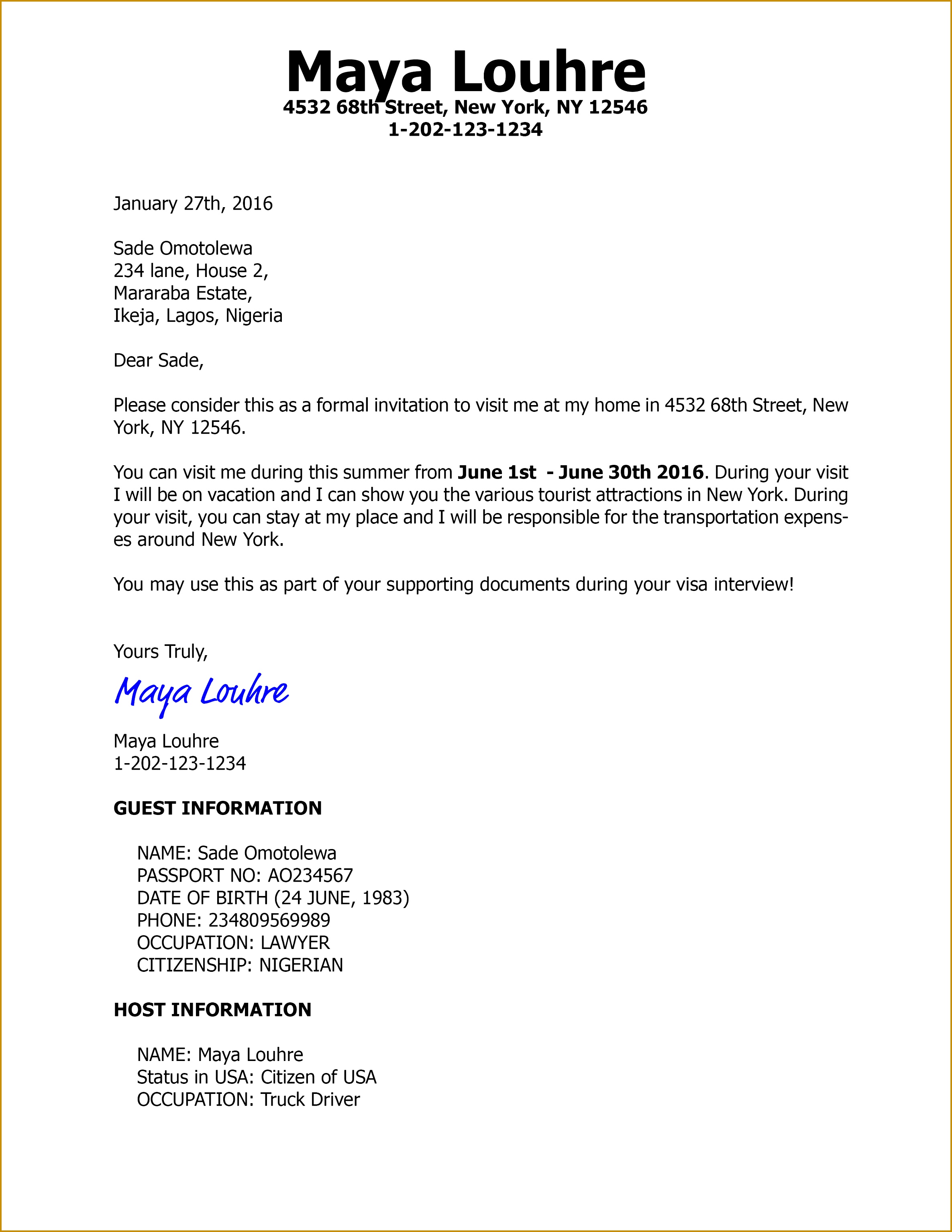 Invitation Letter for US visa 30692371