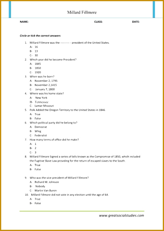 Millard Fillmore facts Millard Fillmore biography worksheet works 783554