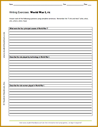 World War I Essay Questions Sheet 1 Free to print For grades 9 511395
