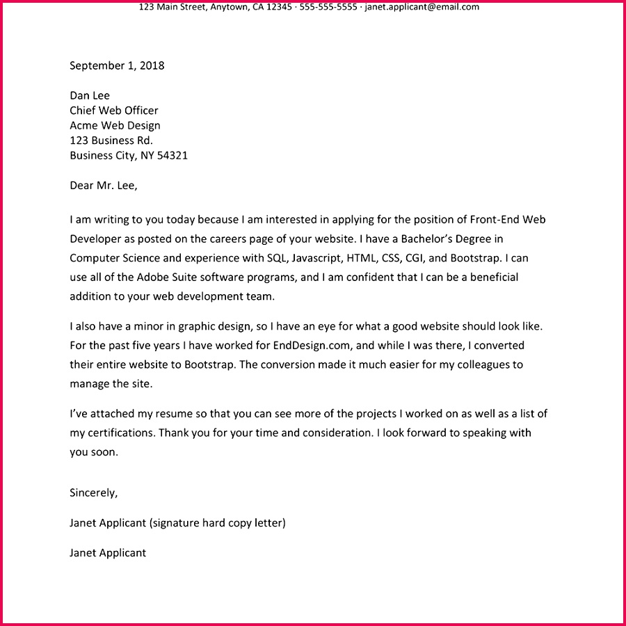 Screenshot of an IT cover letter sample