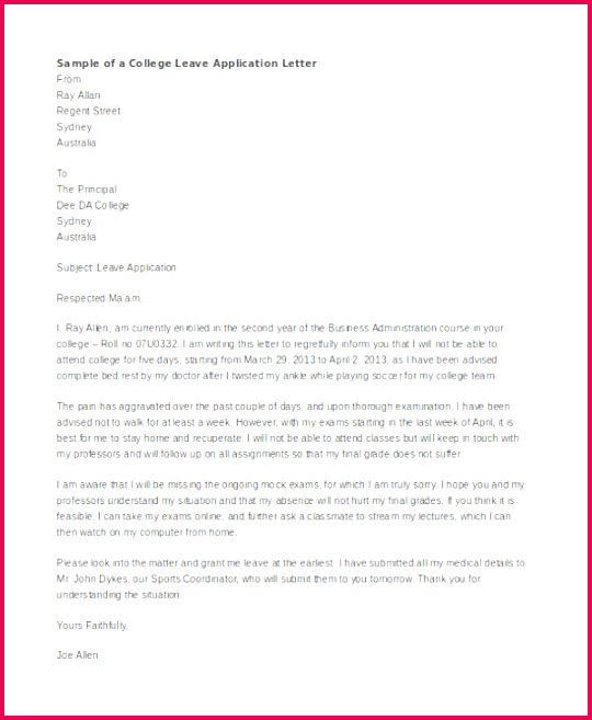 College Leave Application Letter