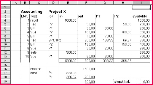 The project accounting spreadsheet in numerical view