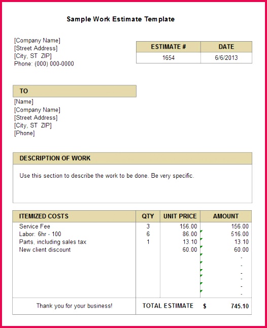 example work estimate template free