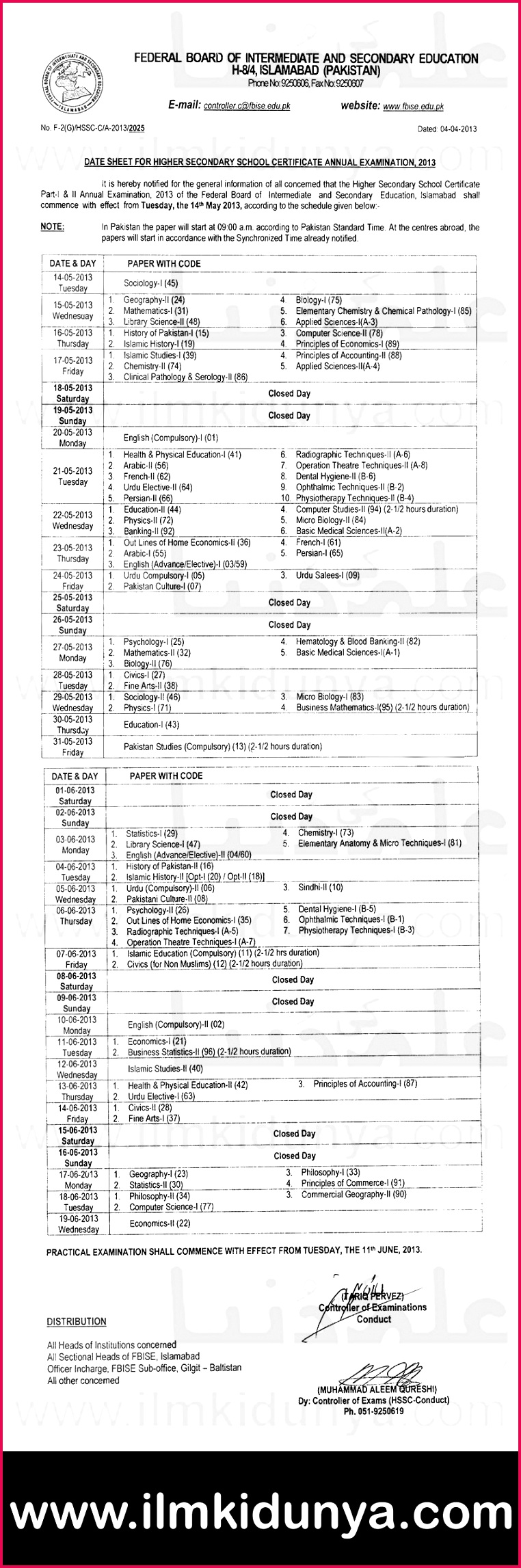 BISE Federal Board Inter Date Sheets 2013