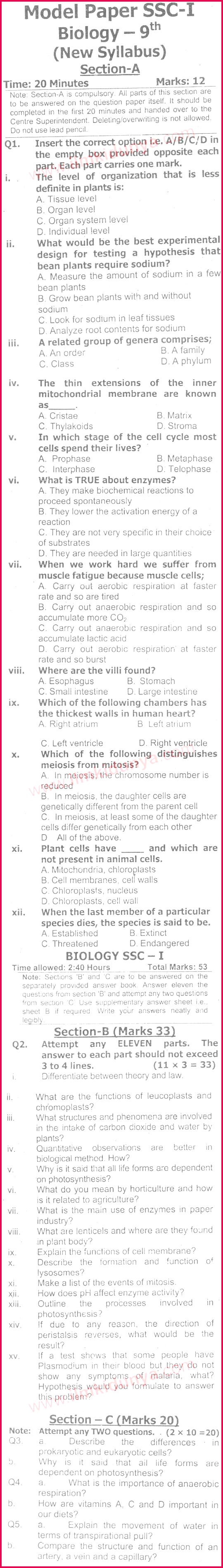Federal Board Biology 9th Class Past Paper 2011