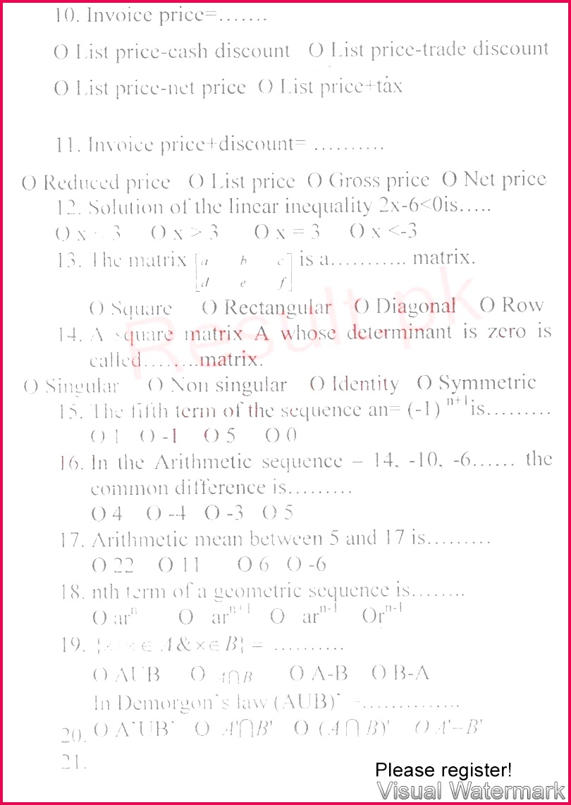 BISE Bannu hssc Part 1 Gernal Mathematics Englishversion sub Past Paper 2017