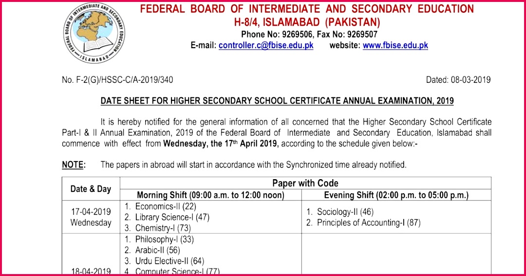 FBISE Federal Board 1st Year 2nd Year Date Sheet 2019 Roll Number Slip Download
