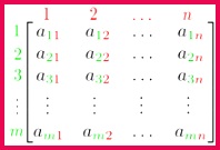 An m  n matrix the m rows are horizontal and the n columns are vertical Each element of a matrix is often denoted by a variable with two subscripts
