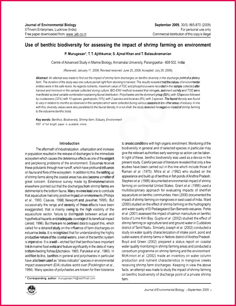 PDF Use of benthic biodiversity for assessing the impact of shrimp farming on environment