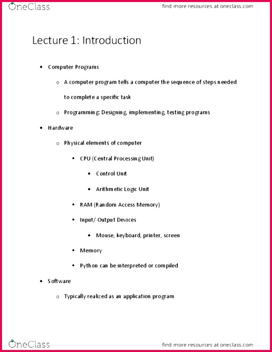 puter Science 1026A B Lecture Notes Lecture 1 Arithmetic Logic Unit Central Processing Unit