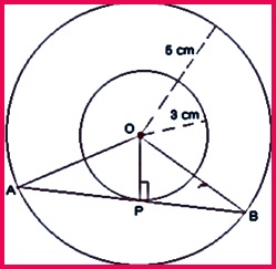 Let the two concentric circles with centre O AB be the chord of the larger circle which touches the smaller circle at point P As AB is tangent to the