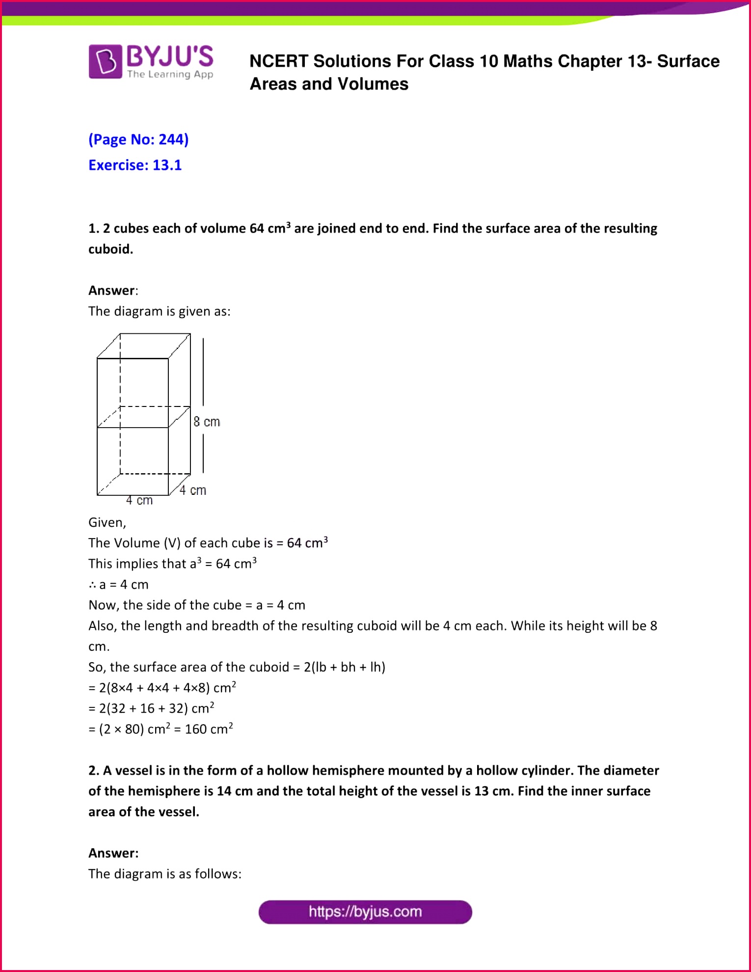 Access Answers of Maths NCERT Class 10 Chapter 13 – Surface Areas and Volumes