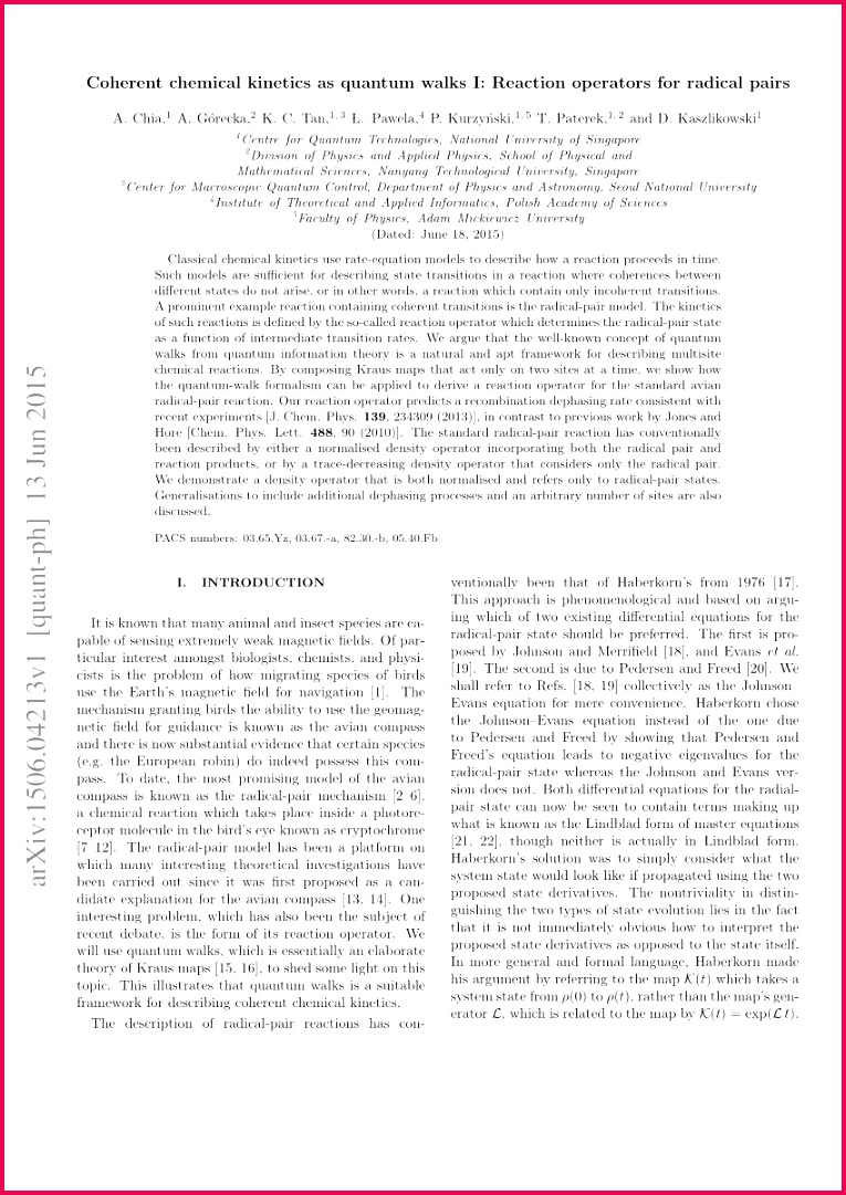 PDF Coherent chemical kinetics as quantum walks I Reaction operators for radical pairs