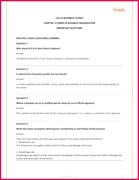 Important Questions for Class 11 Business Stu s Chapter 2 Forms of Business Organisation part 1