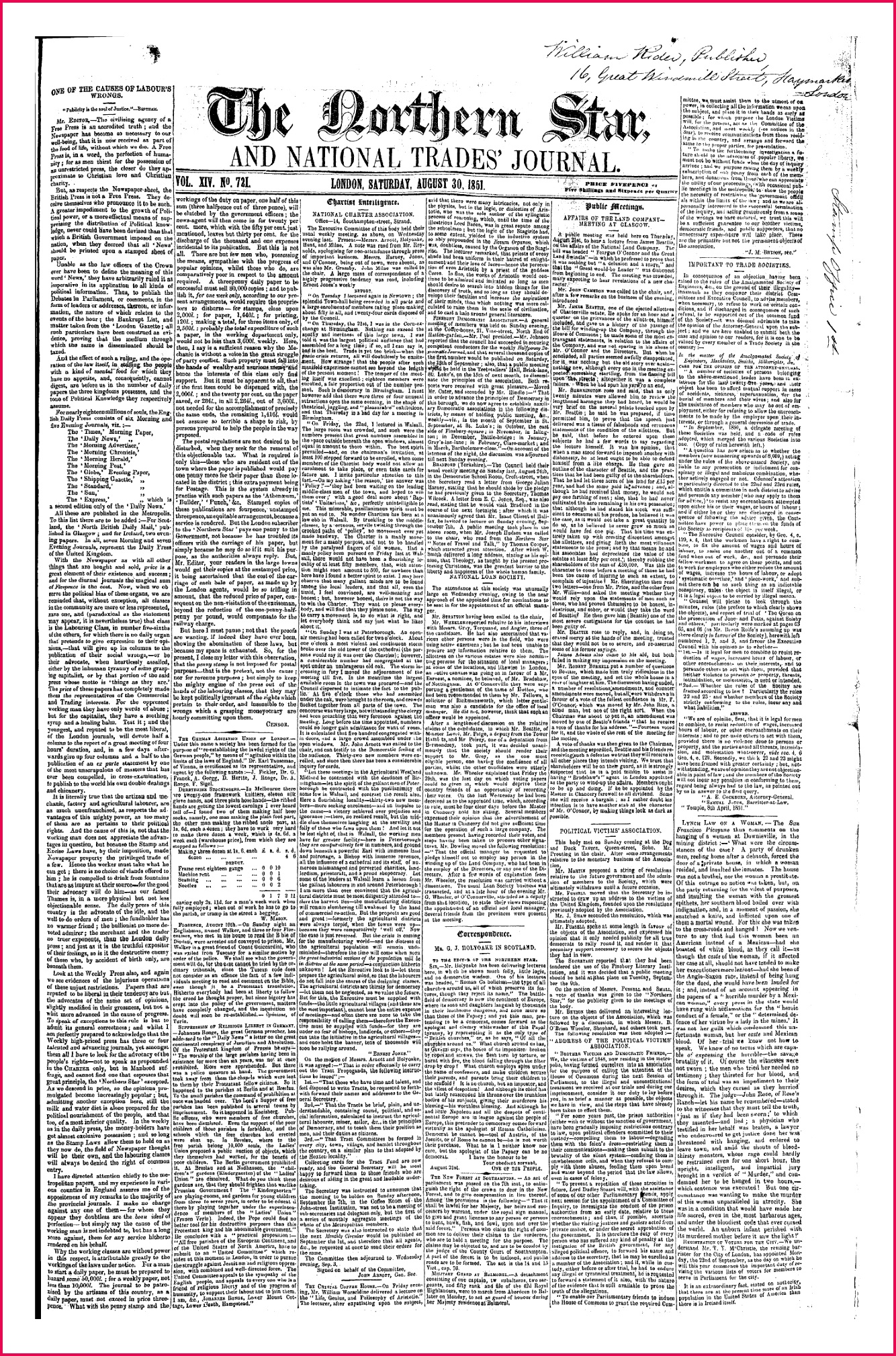 Northern Star 1837 1852 30th August 1851 Edition 1 of 2 Page 1 13342019 Page 1