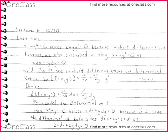 MATH 33B Lecture 6 10 10 Exact Differential Equations