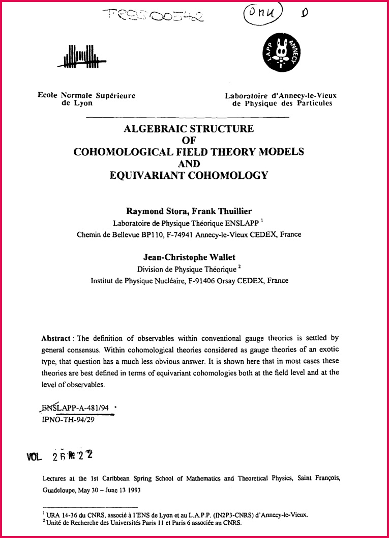 PDF Algebraic structure of cohomological field theory models and equivariant cohomology