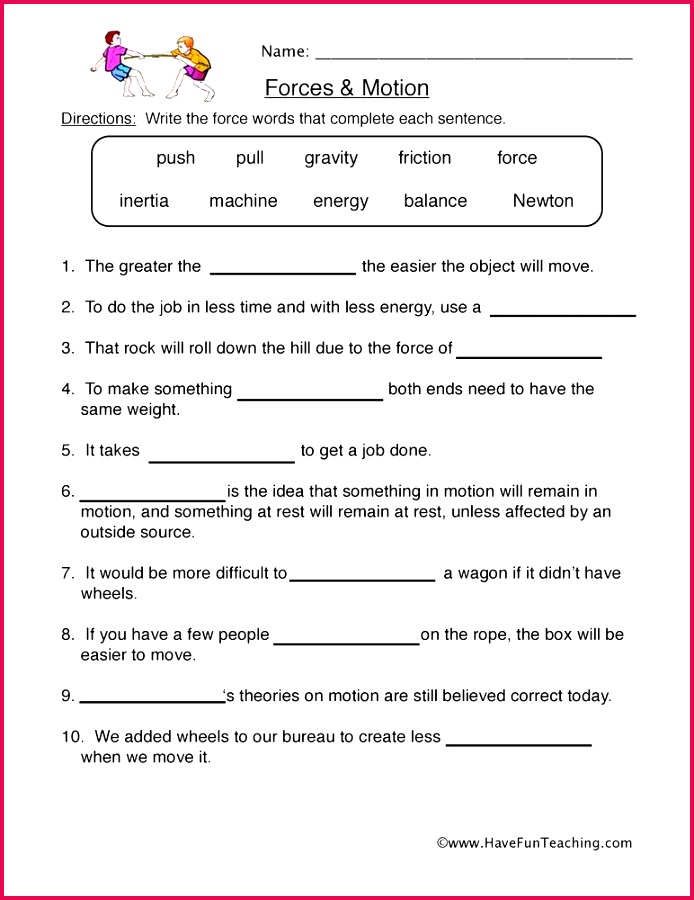 How to teach Force Using Forces Motion Worksheet students fill in the blank to plete example sentences of force using a word bank provided