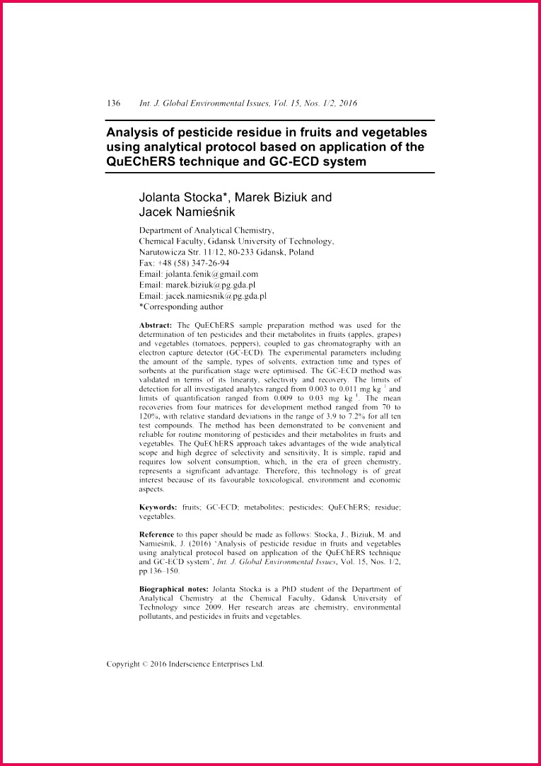 PDF Analysis of pesticide residue in fruits and ve ables using analytical protocol based on application of the QuEChERS technique and GC ECD system