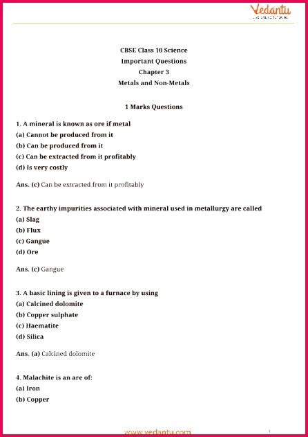 Important Questions for Class 10 Science Chapter 3 part 1