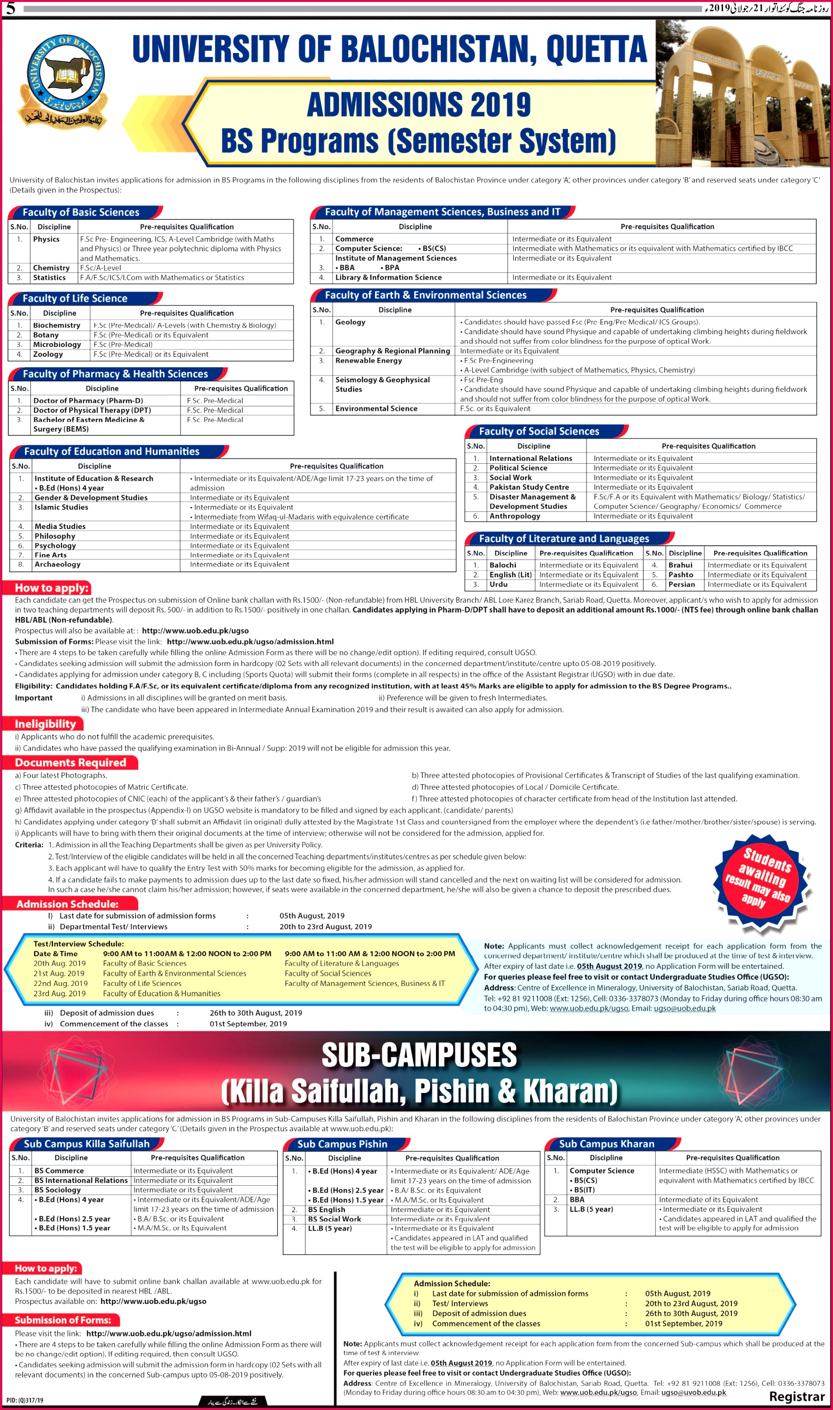 Admissions 2019 BS Programs Semester System