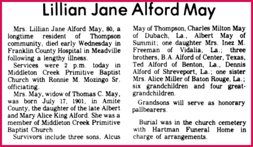 AAFA NOTES SSDI records confirm the birth and May 1982 dates of Lillian May SS issued in MS last residence Liberty Amite Co MS