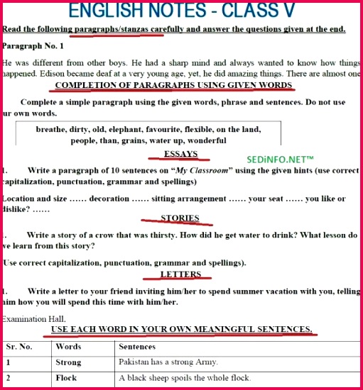 5th Class English PEC Paragraphs Essays Stories Letters Sentences Notes