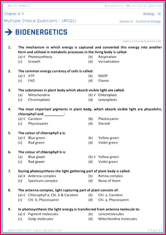 bioener ics mcqs biology 11th