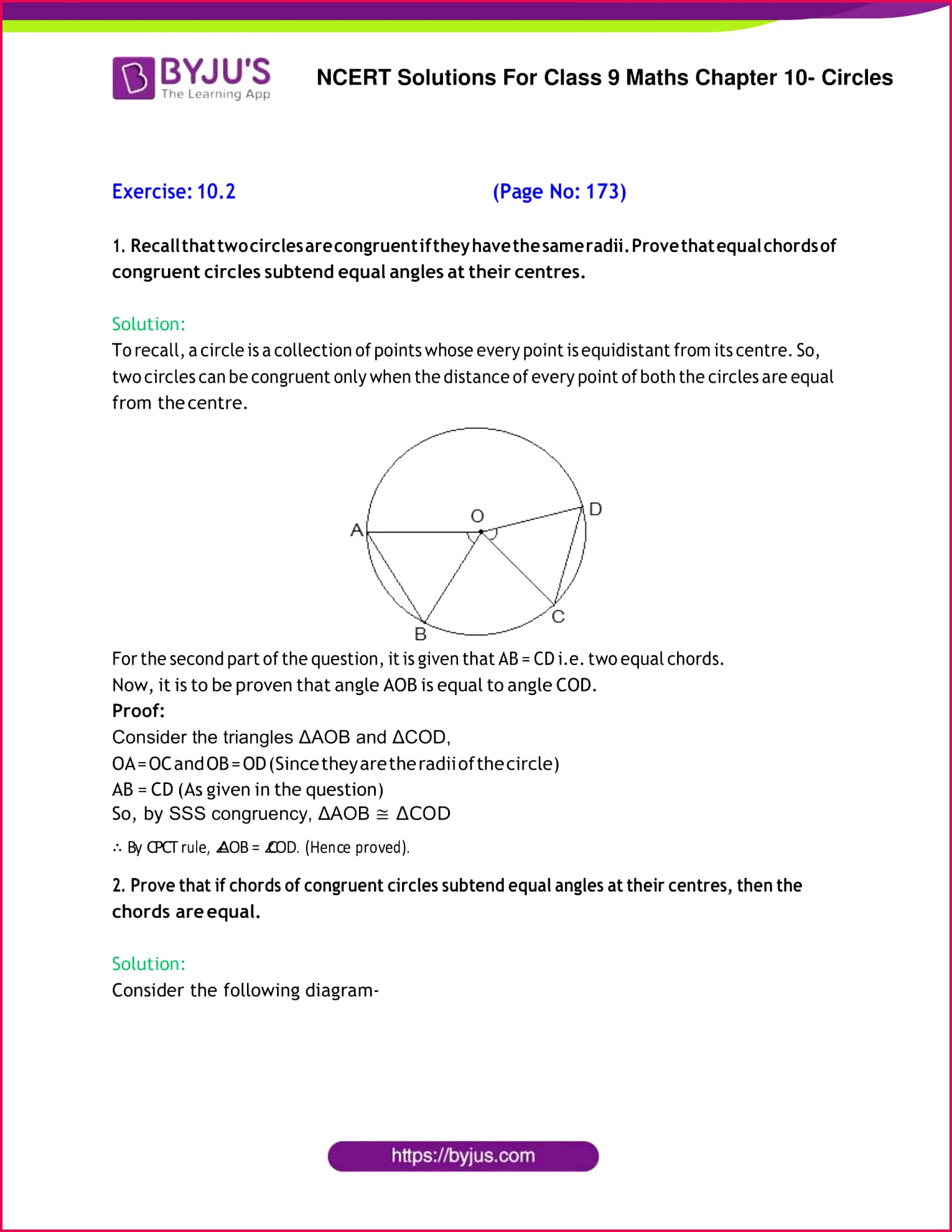 NCERT Solutions for Class 9 Maths Chapter 10 Circles Ex 10 2 Get 15301980 NCERT Solution Class 9 Maths Chapter 10 Circles Exercise 10 2 Part 1