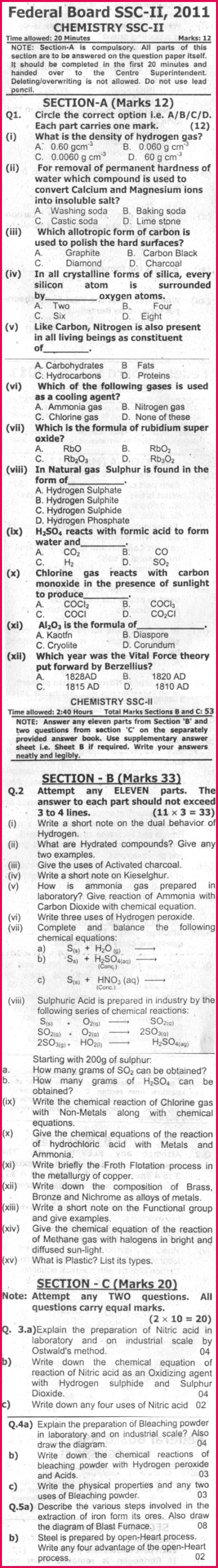 10th Class Chemistry Federal Board 2011