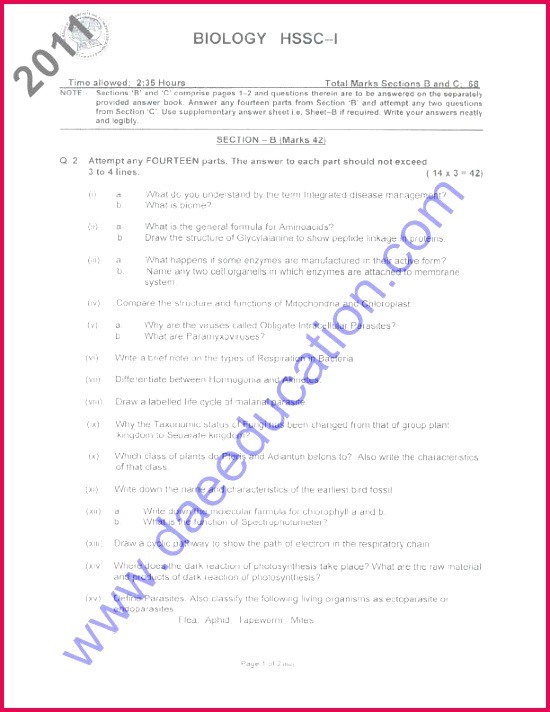 Fsc part 1 Biology past paper 2011 federal board Fsc past papers 2011 Fsc