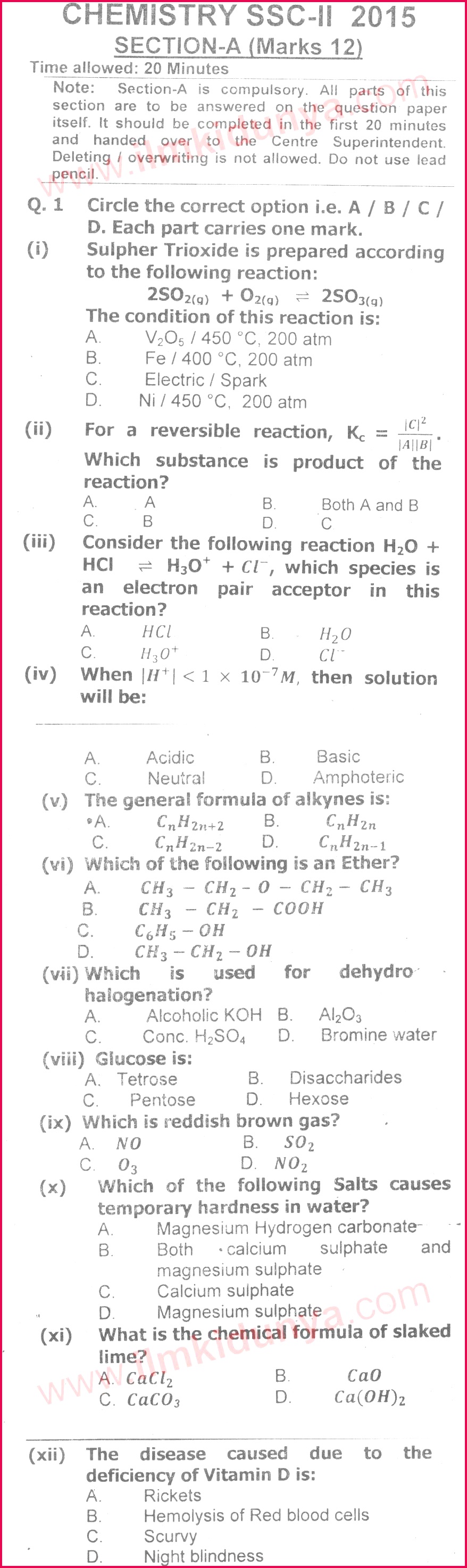 Past Papers 2015 Federal Board 10th Class Chemistry English Version Section a