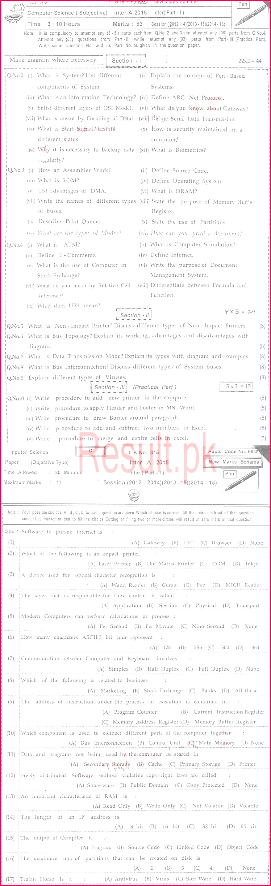 BISE Bahawalpur HSSC Part 1 puter Science Past Paper 2015