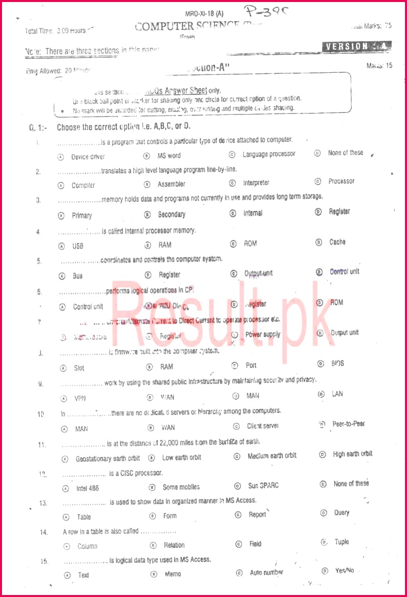 BISE Peshawar HSSC Part 21 puter Science Objective Past Paper 2018