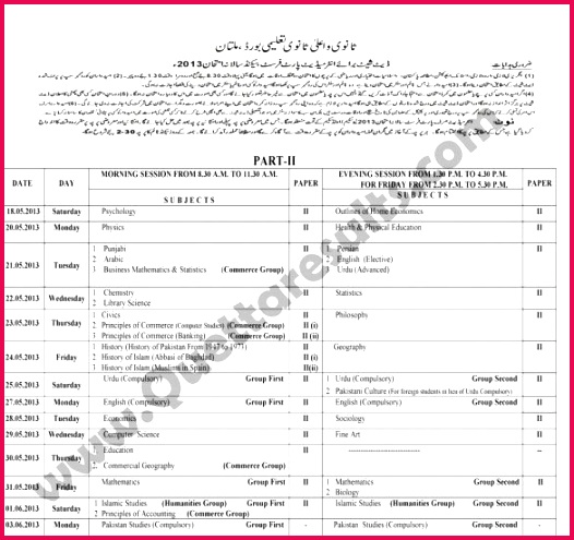 board 9th class ssc part i 2013 526495 BISE Multan Hssc Inter Date Sheet 2013 PART 2