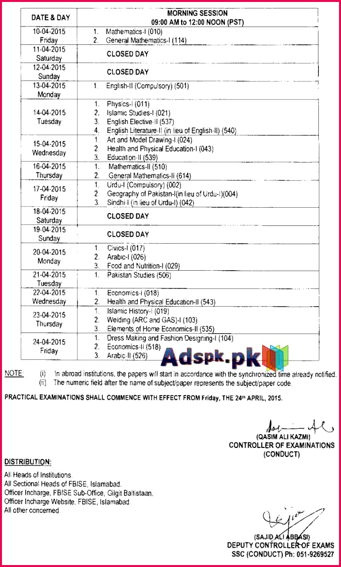 Latest FBISE Date Sheet 2015 for SSC Annual Examination Part I & Part