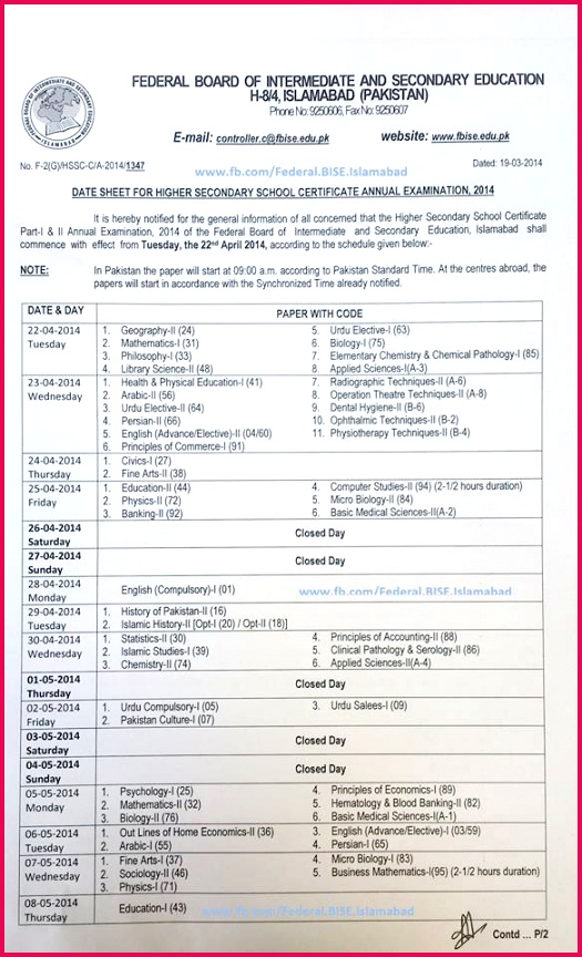 Federal Board HSSC Annual Date Sheet 2014